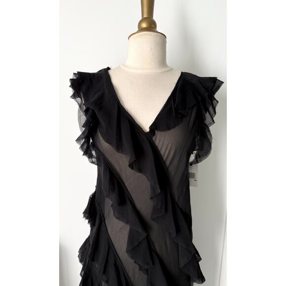 DKNY 100% Silk Classy Vintage Asymmetric Ruffle Dress with Detachable Lining - Picture 3 of 10
